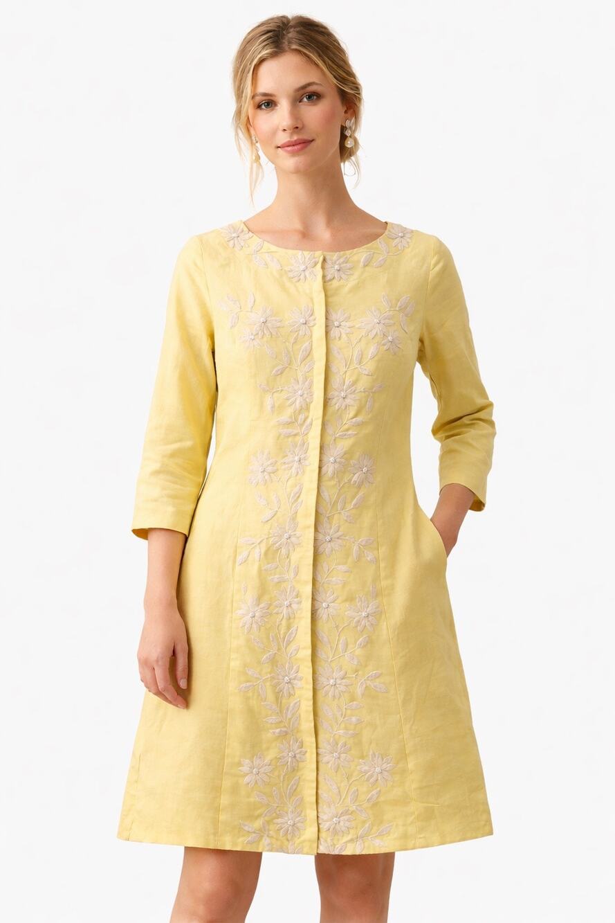 Plenty by Anthropologie embroidered lemon yellow linen cotton shift dress 6